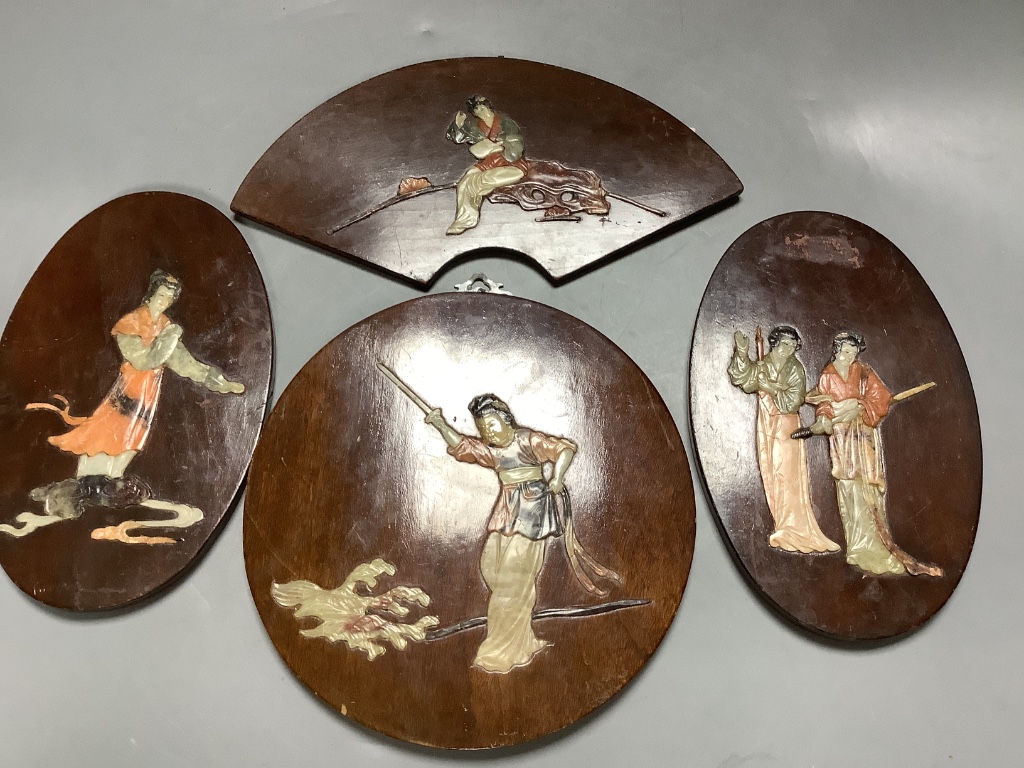 A Chinese engraved and stained bone plaque and four shibayama plaques